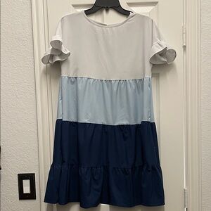 Amazon Essentials Kids Tiered Dress in White, Light Blue, and Navy